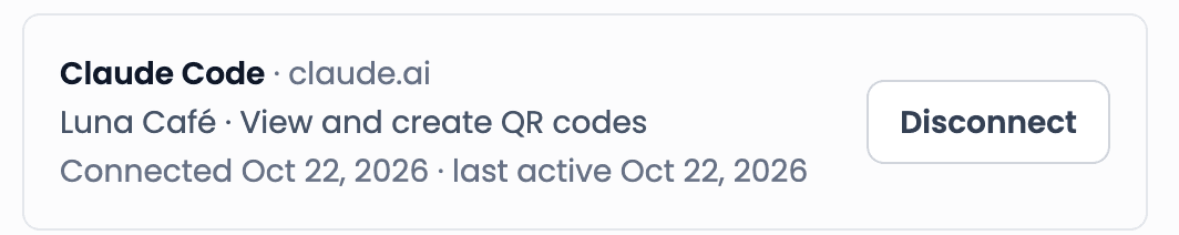 A connection card in Account → Personal info → Connected AI assistants: Claude Code, workspace Luna Café, view and create QR codes, connected and last active dates, and a Disconnect button