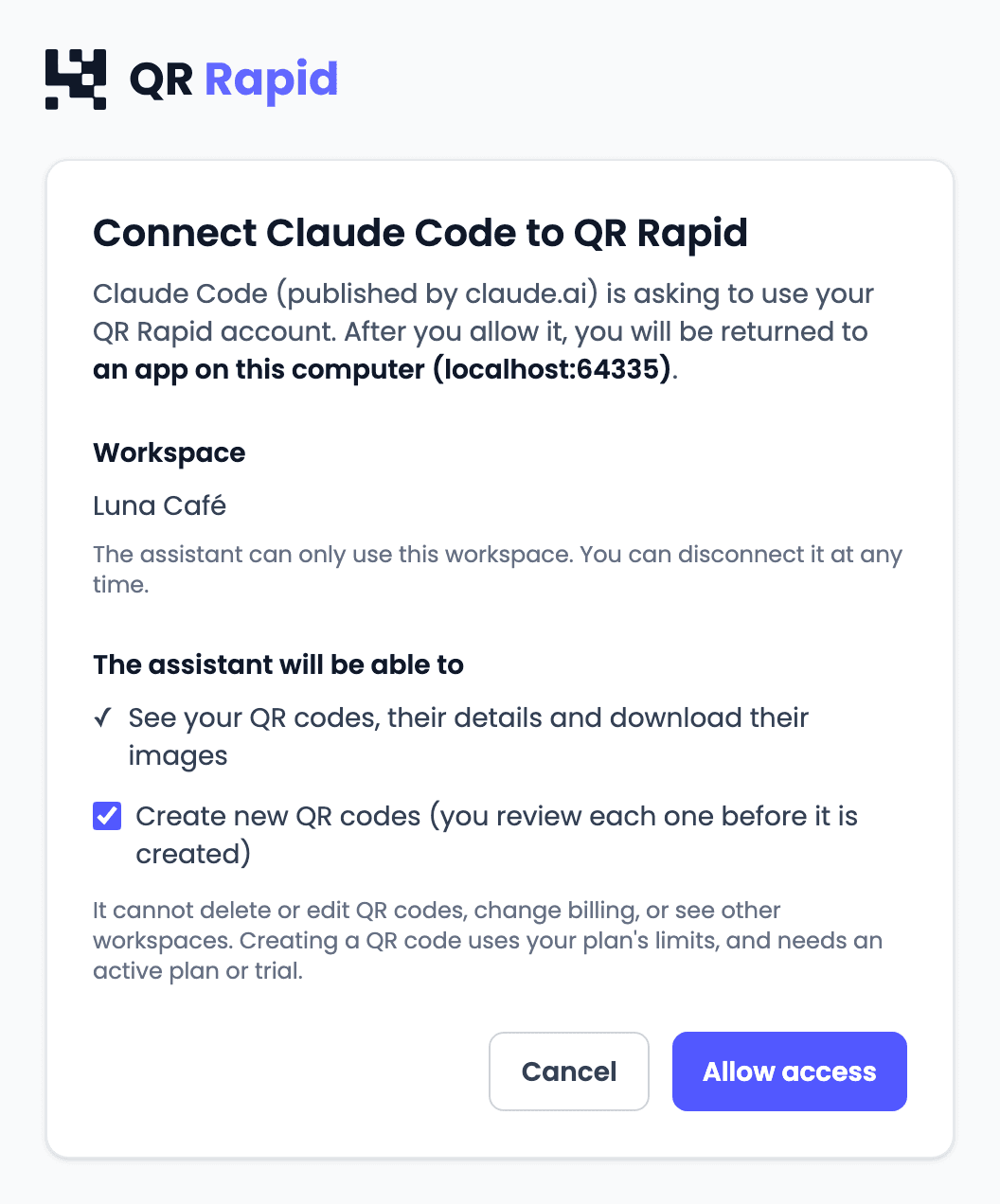 The QR Rapid consent page: “Connect Claude Code to QR Rapid”, the workspace Luna Café, the two permissions and the Cancel and Allow access buttons