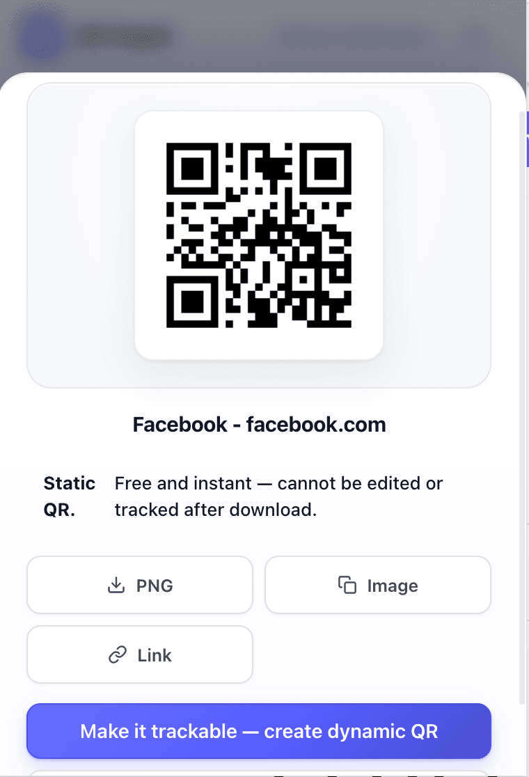 Static QR result with download, copy, and link options