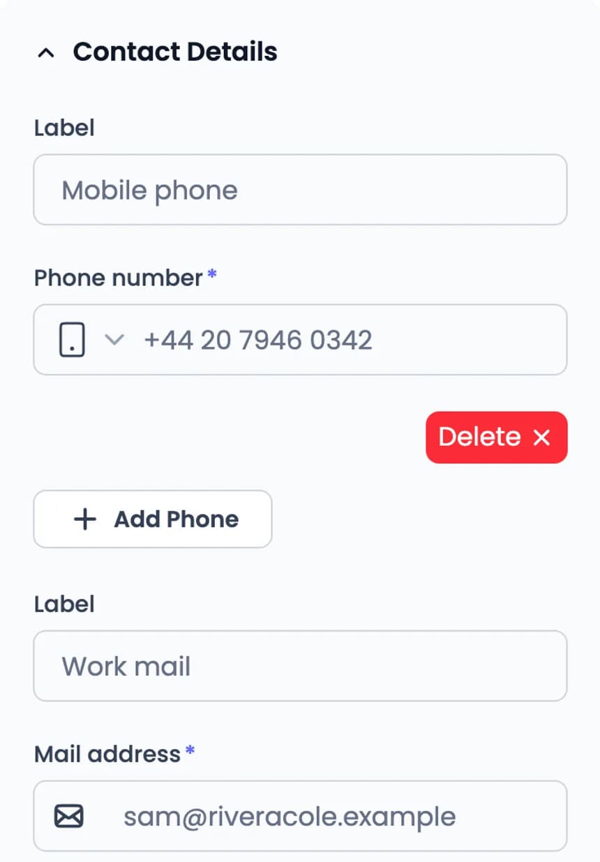 Contact Details in the vCard editor, with the mobile phone set to +44 20 7946 0342, a work mail and a website
