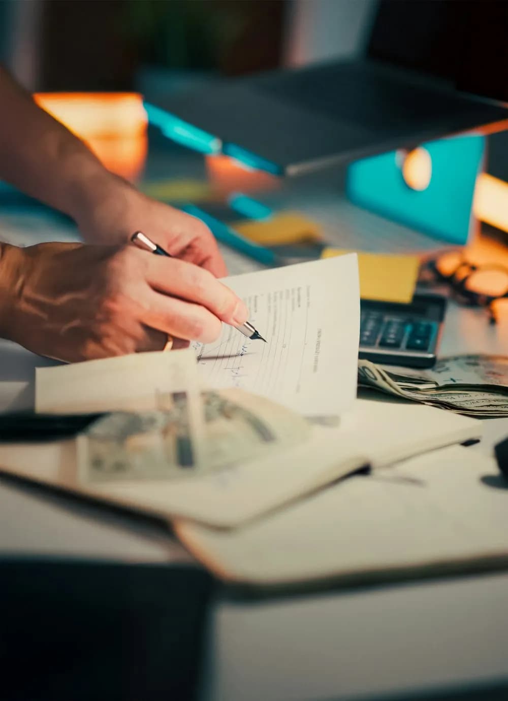 Client signing off a completion document at a desk