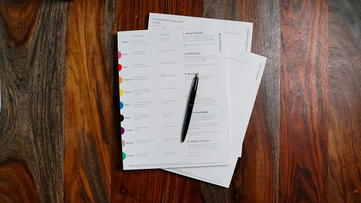 Printed proposal pages with tabs and a pen on a wooden desk