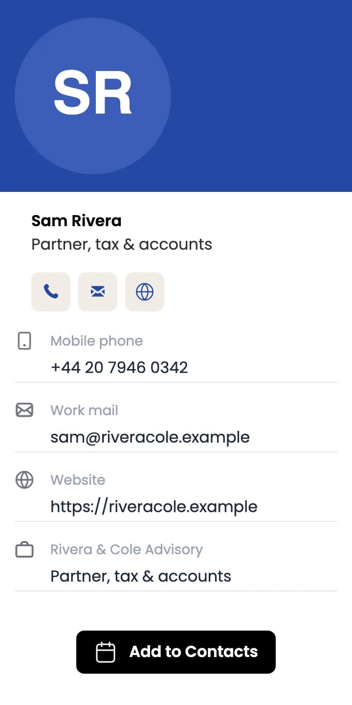vCard QR code page on a phone showing Sam Rivera, Partner, tax & accounts, with call, email and website buttons, his phone, mail, website and company, and an Add to Contacts button