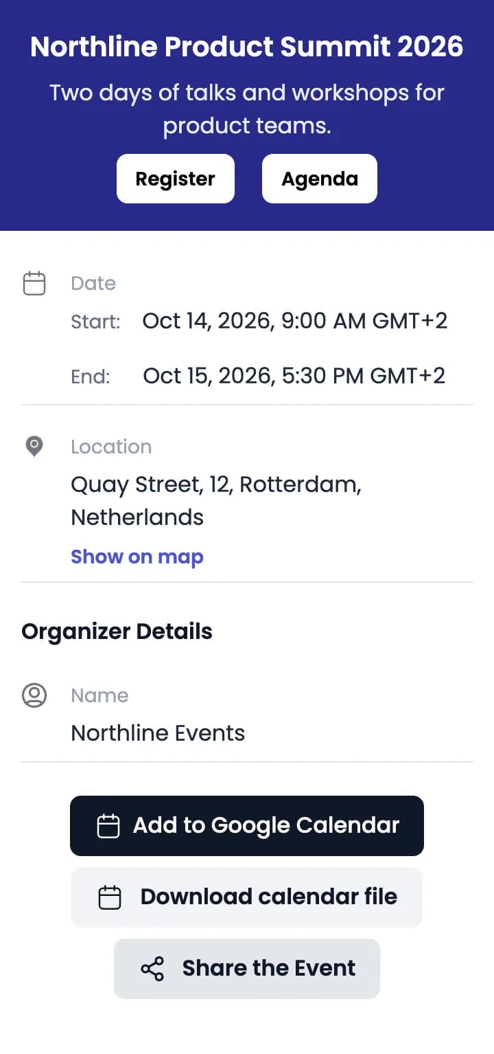 Event QR page on a phone for the sample Northline Product Summit 2026: Register and Agenda buttons, start Oct 14, 2026, 9:00 AM and end Oct 15, 2026, 5:30 PM, the address with Show on map, organizer Northline Events, Add to Google Calendar, Download calendar file and Share the Event