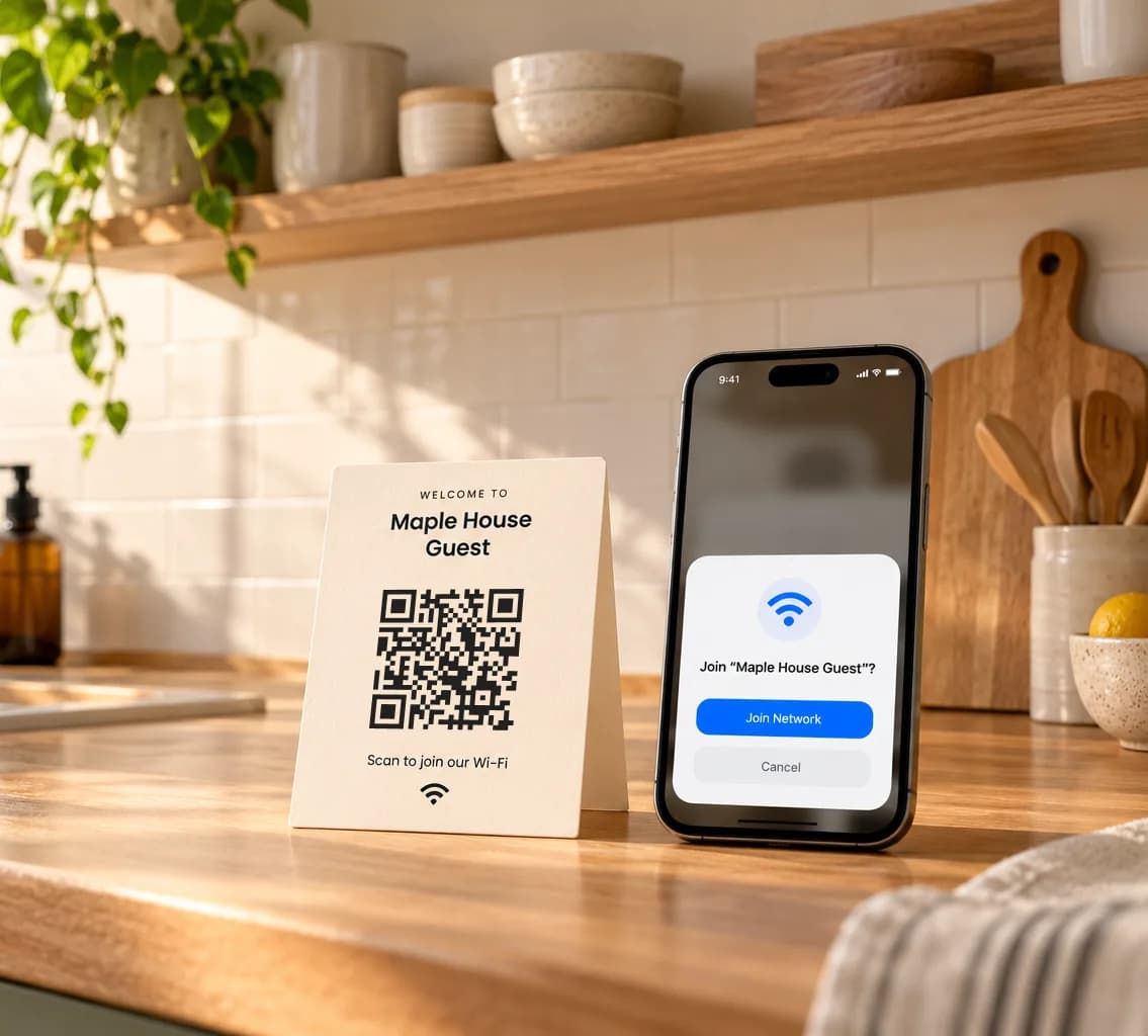 A printed Wi-Fi card for Maple House Guest standing on a kitchen counter, next to a phone asking whether to join the network. The card’s QR code is a working sample for a network that doesn’t exist.