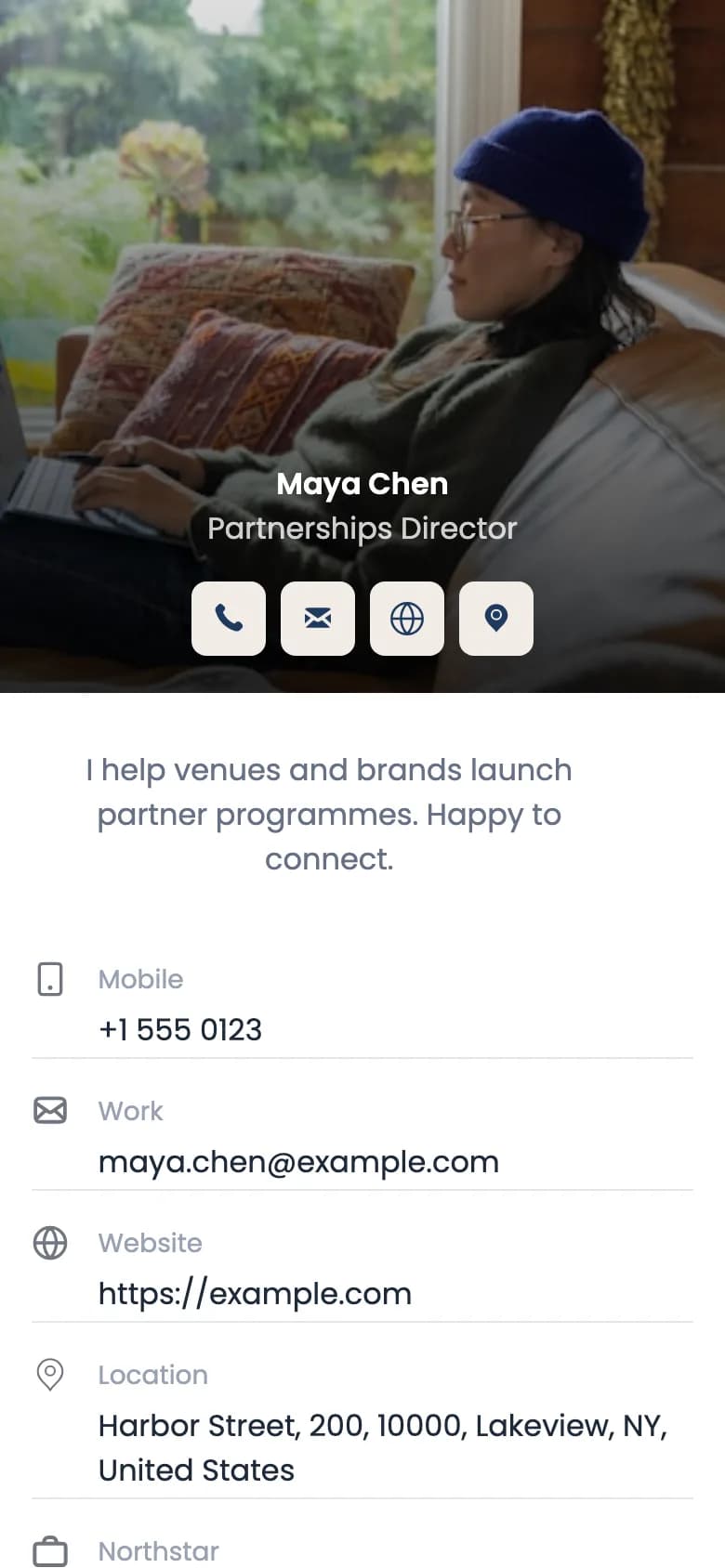QR Rapid contact page for the sample person: photo, call, email, website and map buttons, a short summary, mobile number, work email, website, address, company, LinkedIn and Instagram links, and a black Add to Contacts button.