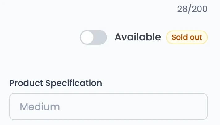 Menu editor item form with the Available switch turned off and a Sold out badge