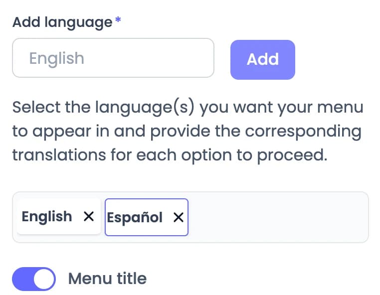 Menu editor language settings with English and Español added