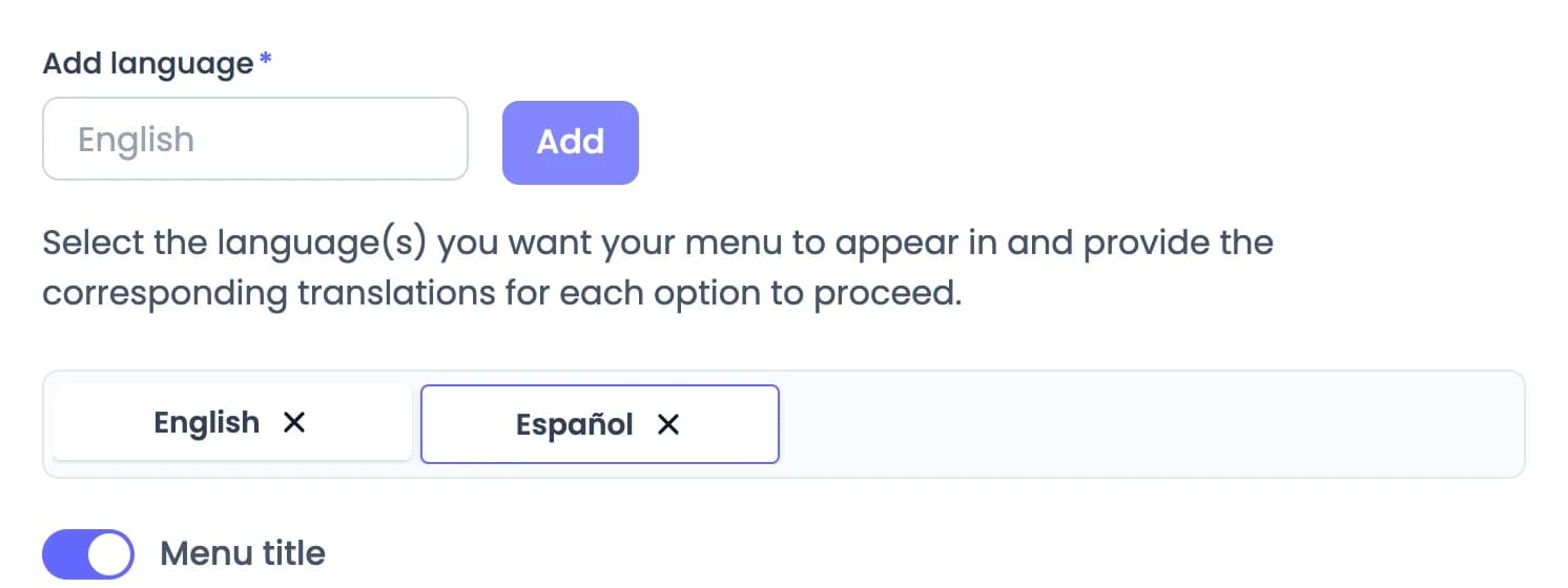 Menu editor language settings with English and Español added
