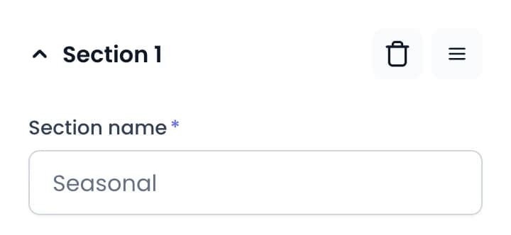 Menu editor section header with the Section name field set to Seasonal