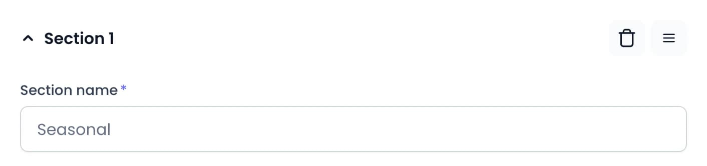 Menu editor section header with the Section name field set to Seasonal