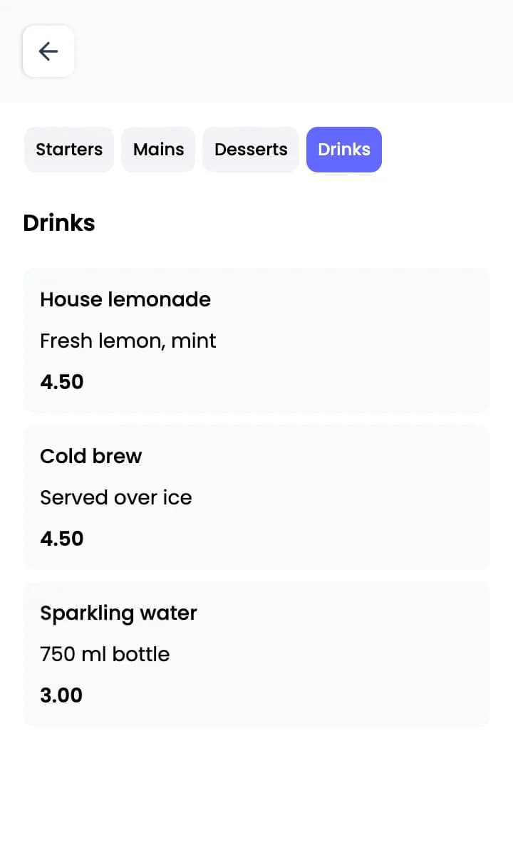 Guest menu, Drinks section, with House lemonade at one price