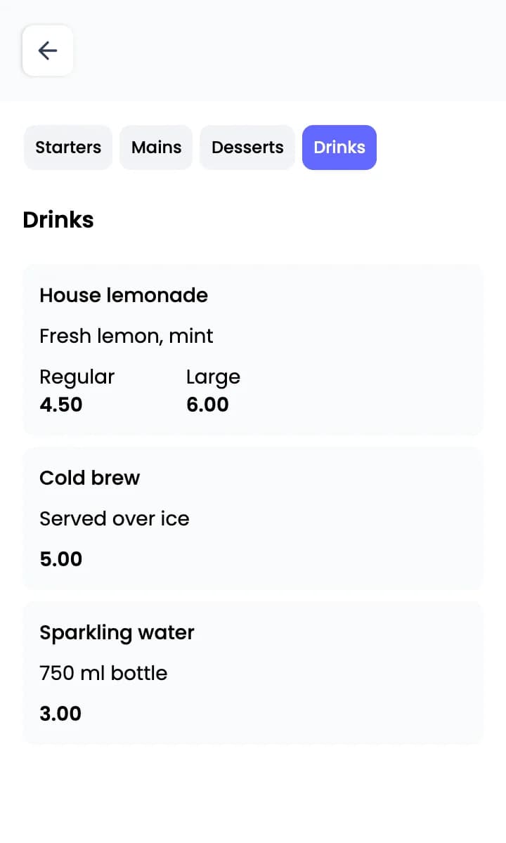 Guest menu, Drinks section, with House lemonade offered as Regular and Large and Cold brew at a new price
