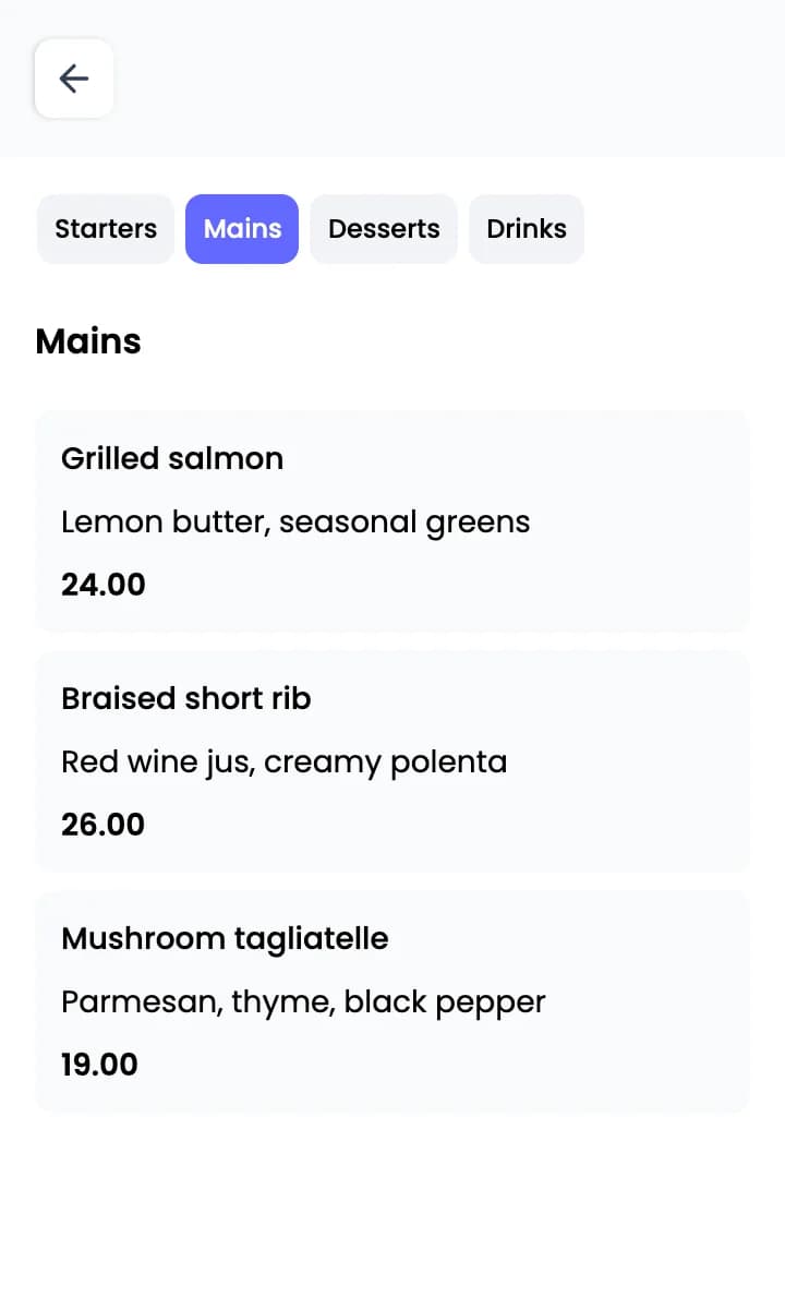 Guest menu, Mains section, with Braised short rib available