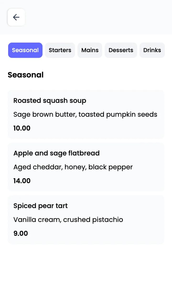 Guest menu with a new Seasonal section listing three dishes