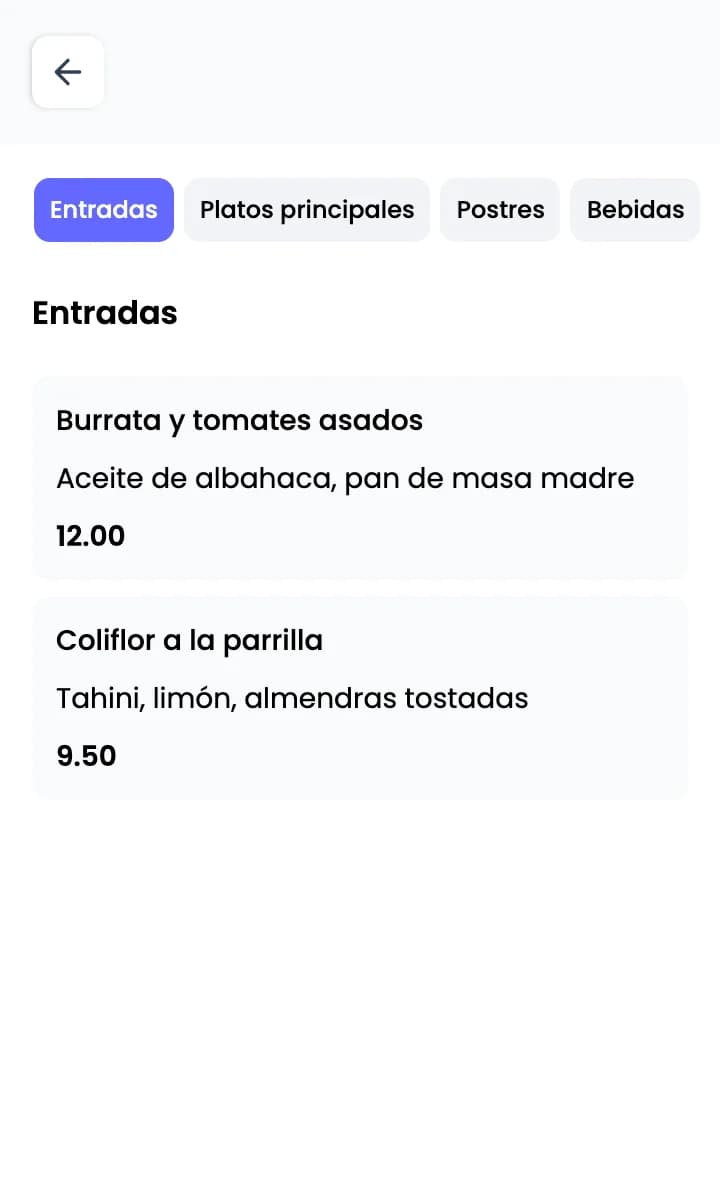 Guest menu in Spanish, Entradas section
