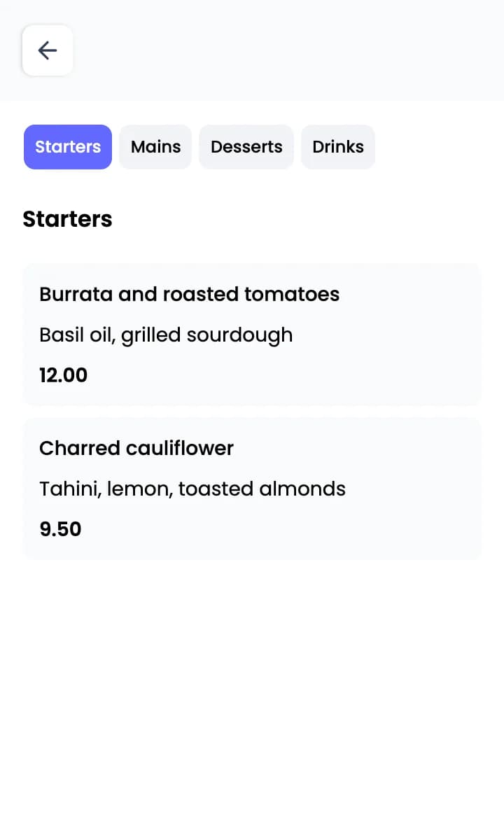 Guest menu with sections Starters, Mains, Desserts and Drinks