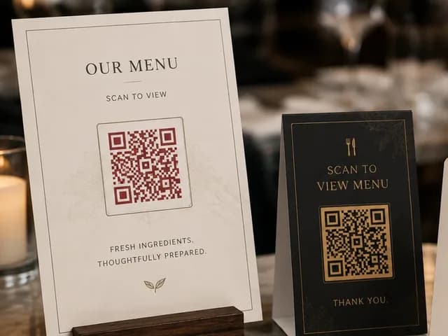 Printed menu card and table stand, each with a QR code
