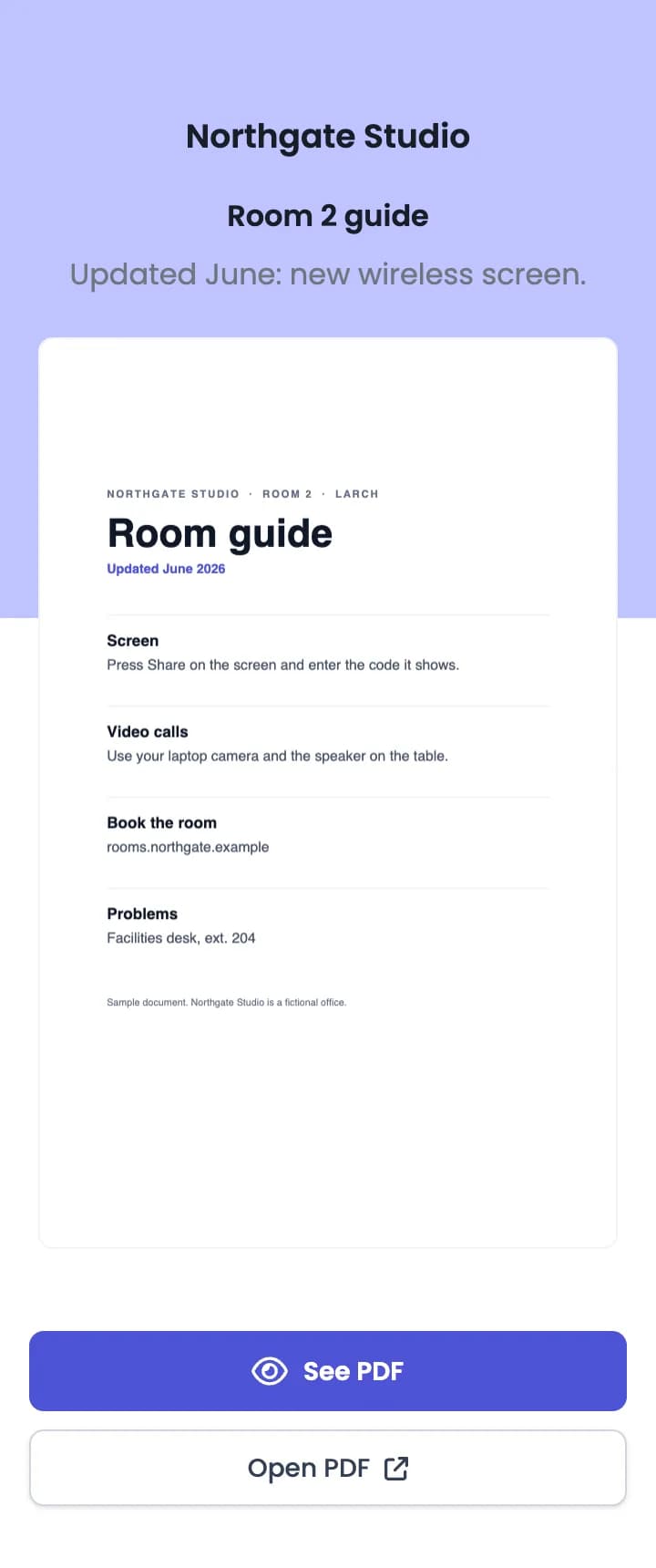 PDF QR page for Northgate Studio showing the June version of the Room 2 guide, with See PDF and Open PDF buttons