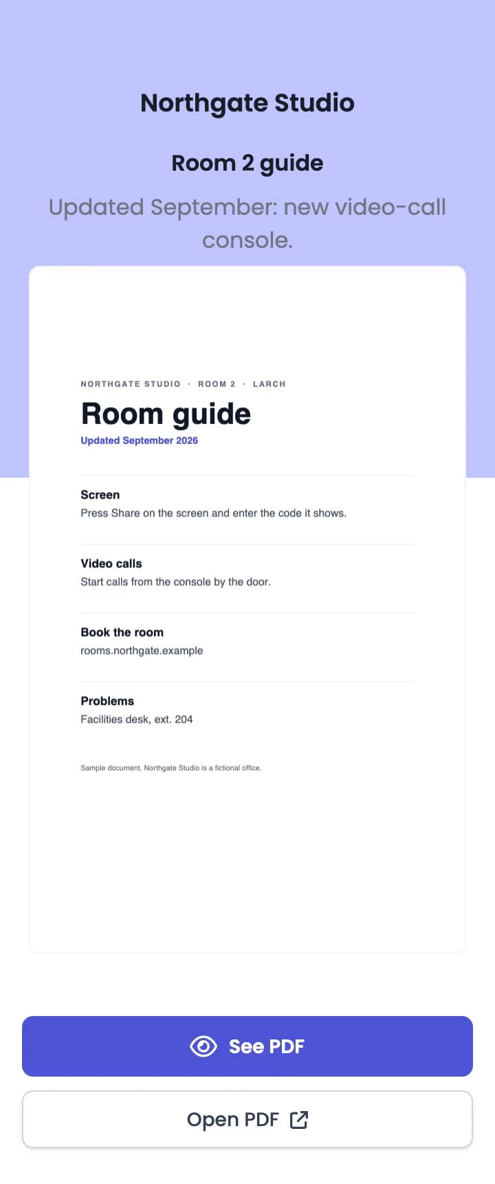 The Room 2 guide PDF page on a phone: Northgate Studio, Room 2 guide, a preview of the first page, and See PDF and Open PDF buttons