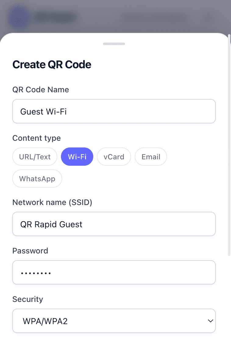 The real QR Rapid extension editor creating a Wi-Fi QR code