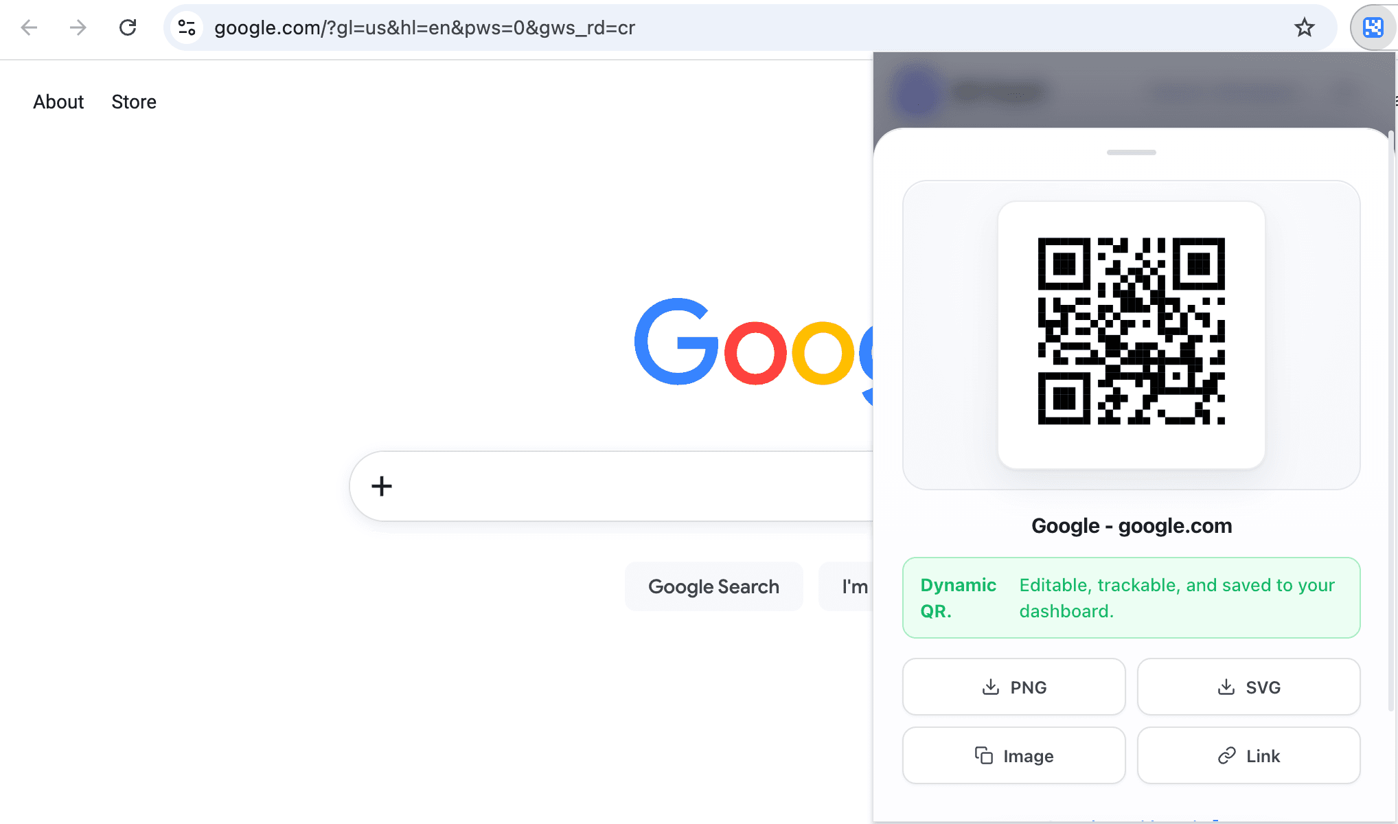 The real QR Rapid extension result with a generated dynamic QR code and export controls