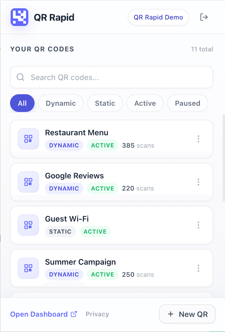 The signed-in QR Rapid extension showing real QR codes in a workspace