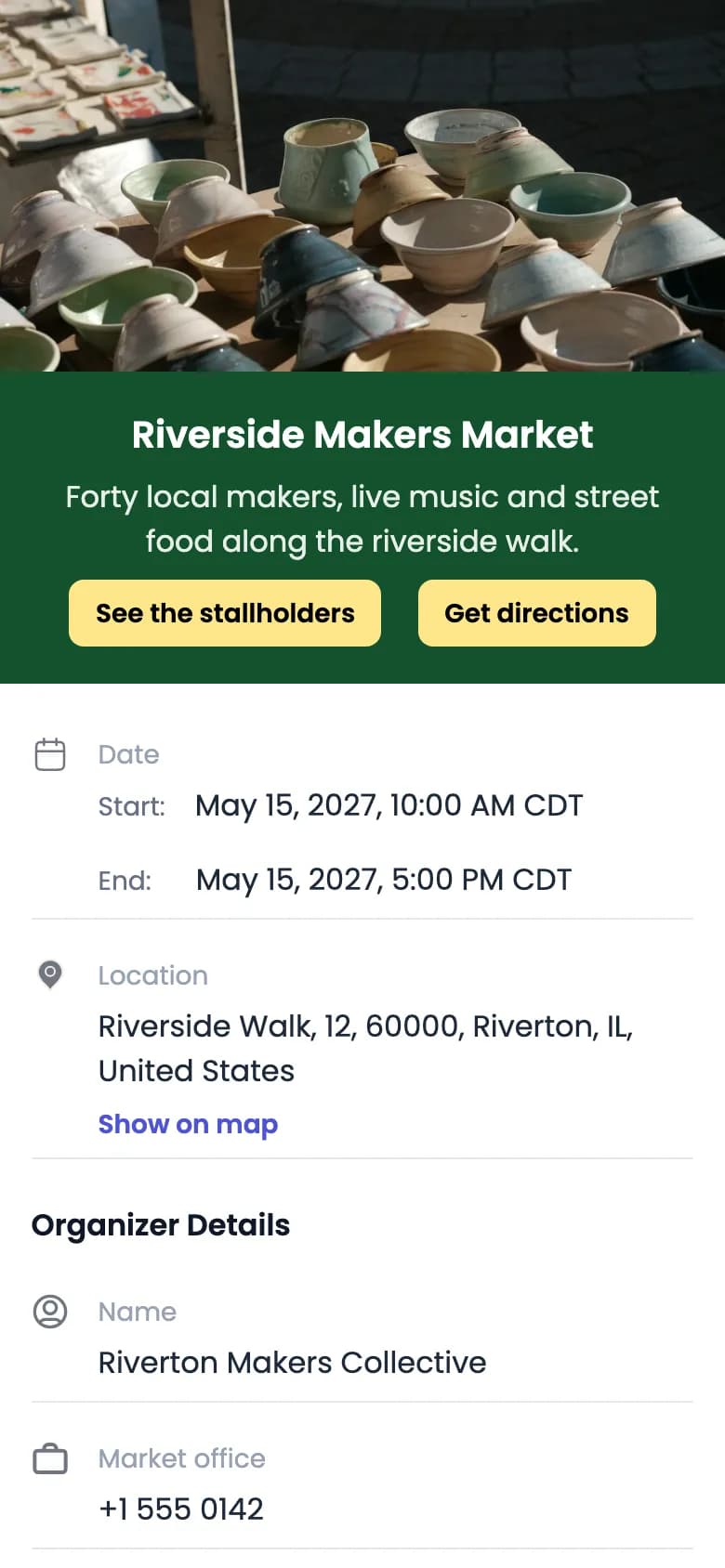 QR Rapid event page for a sample market: photo of a ceramics stall, the title Riverside Makers Market, buttons See the stallholders and Get directions, start May 15, 2027, 10:00 AM CDT, end 5:00 PM CDT, the location with Show on map, and organiser details.