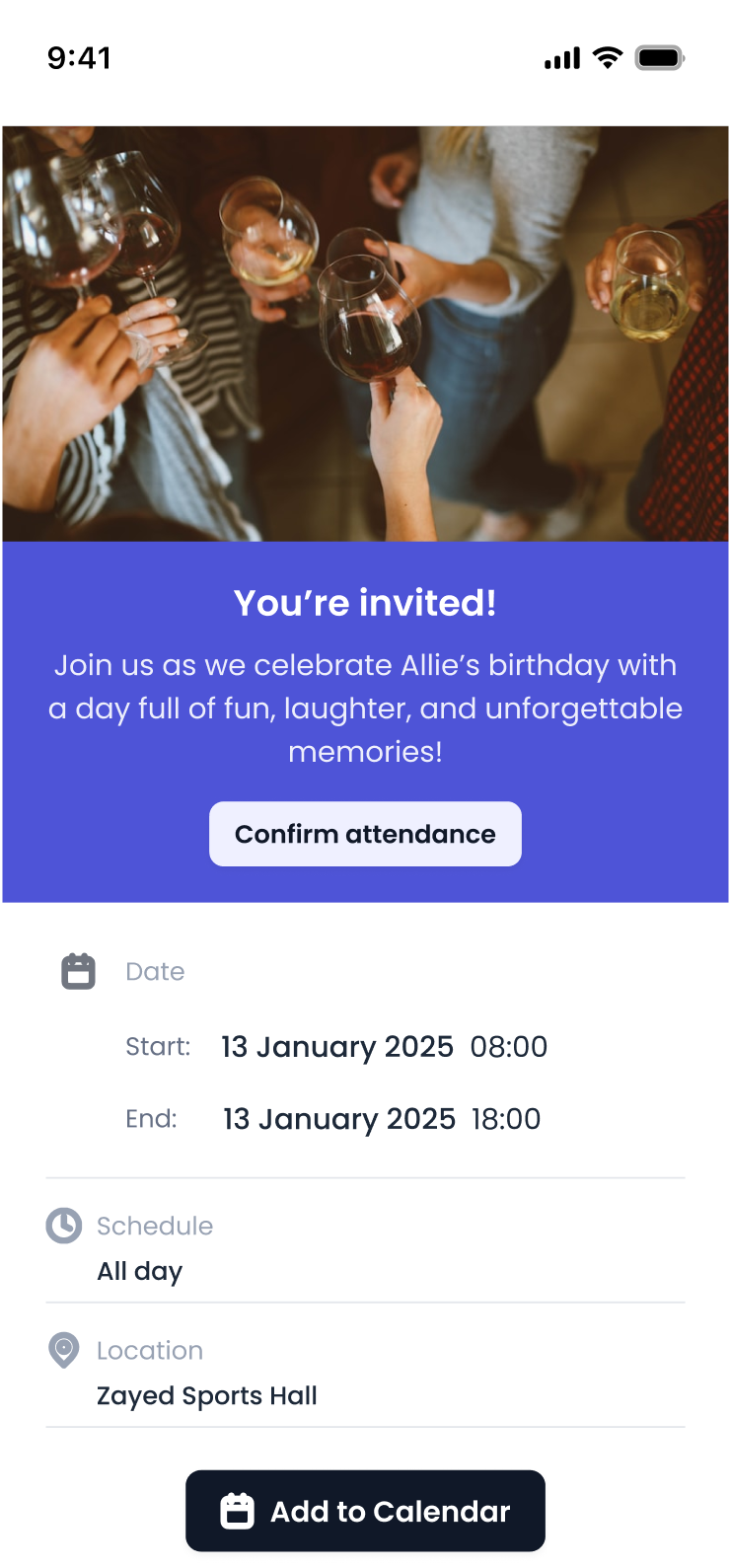 Share event details and RSVP links using a QR code.