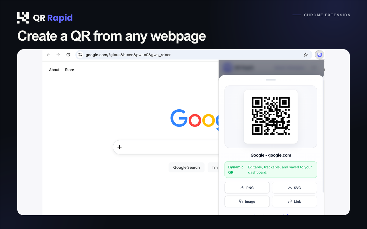 QR Rapid Chrome extension creating a QR code from the current Google webpage