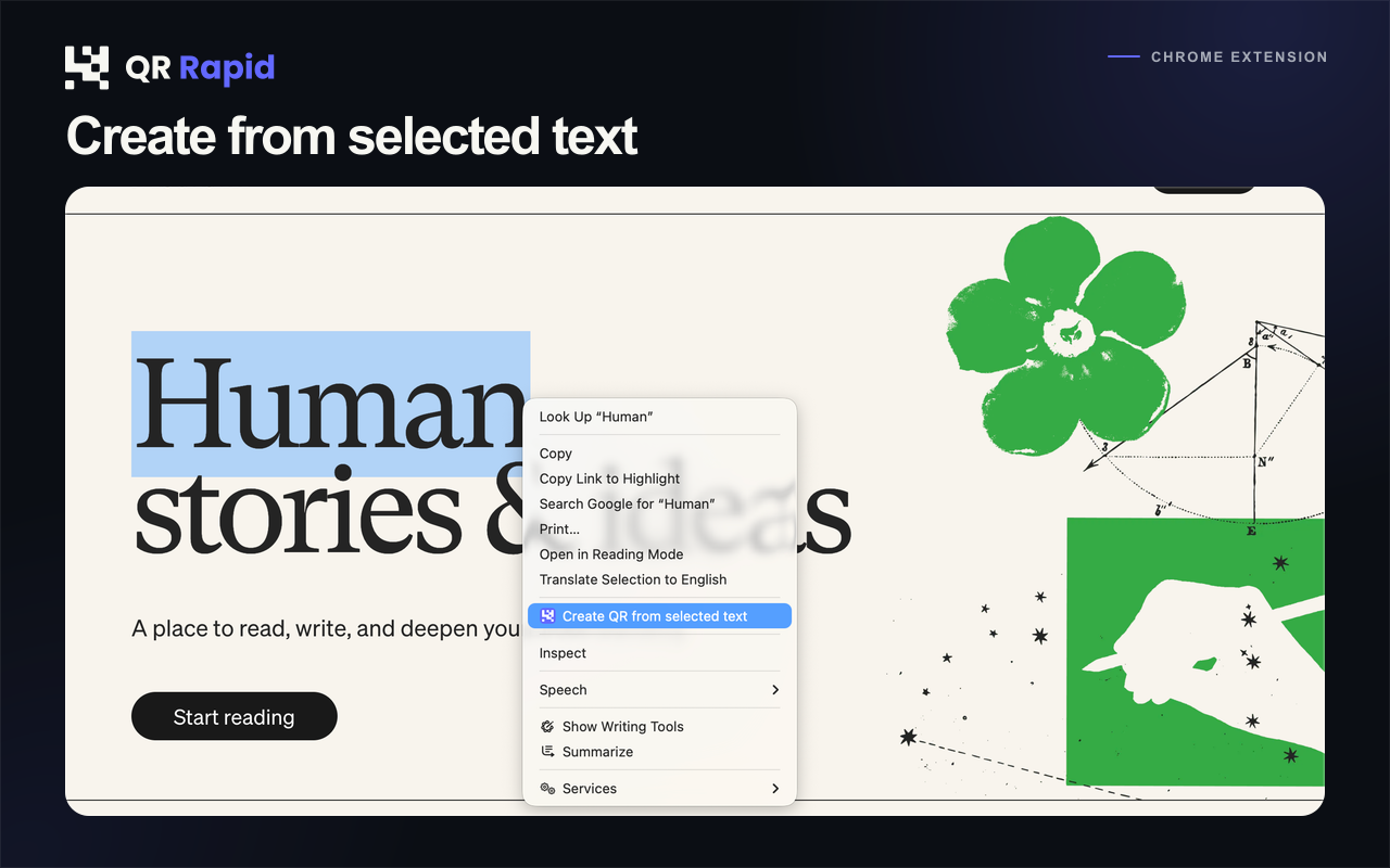 Chrome context menu showing the QR Rapid action for selected text
