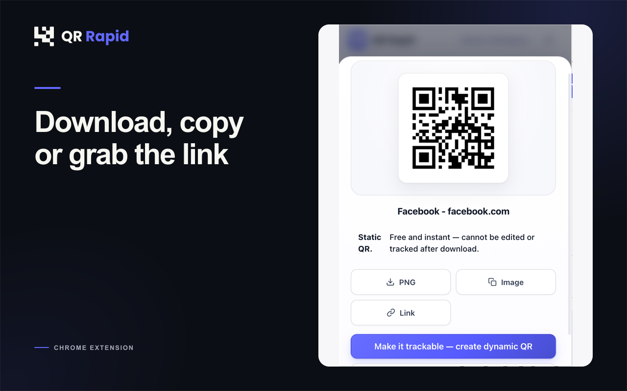 QR Rapid extension showing a generated QR with PNG, image, and link actions