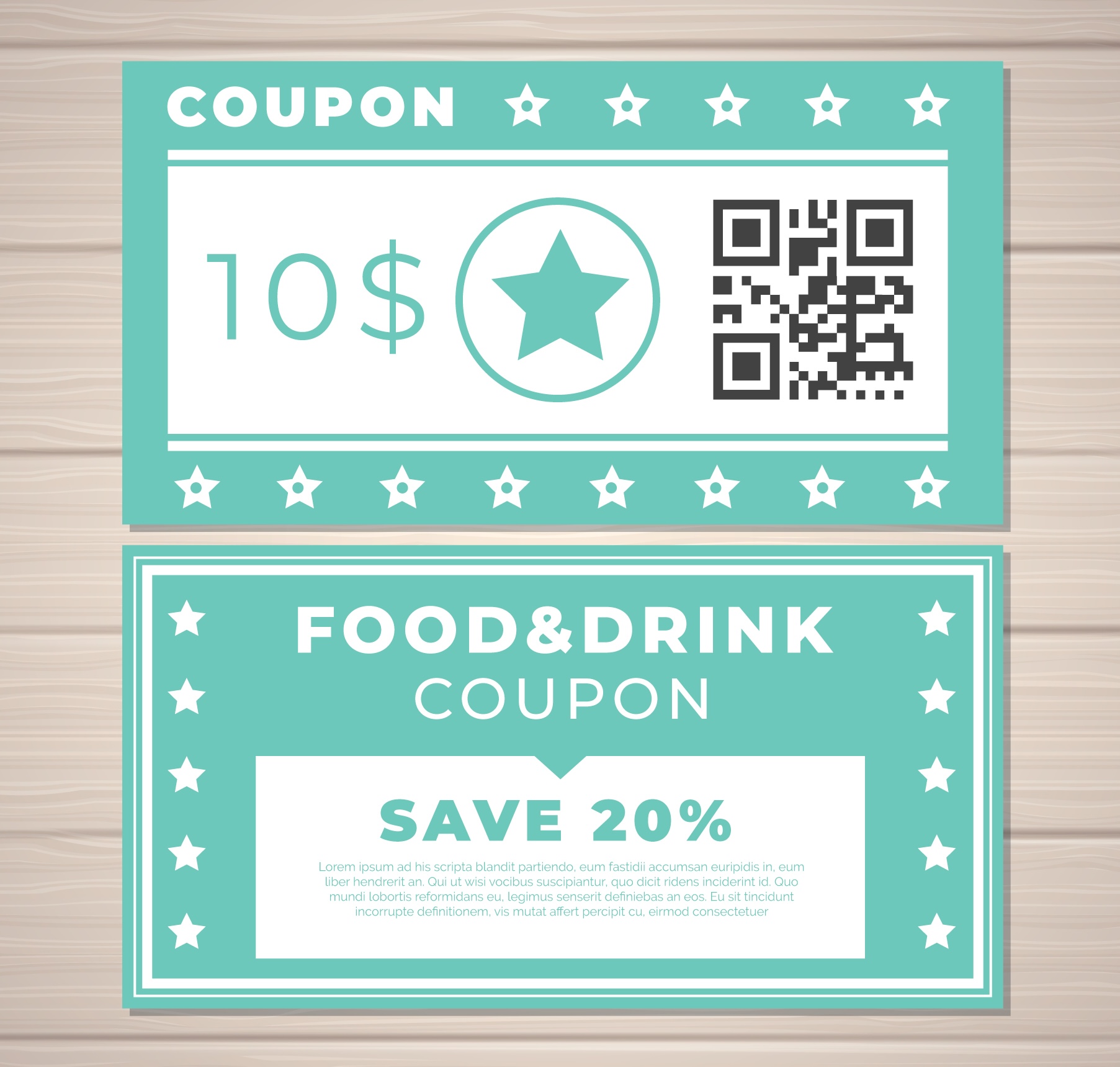 Professional QR code coupon design template featuring discount offers for food and beverage promotional campaigns
