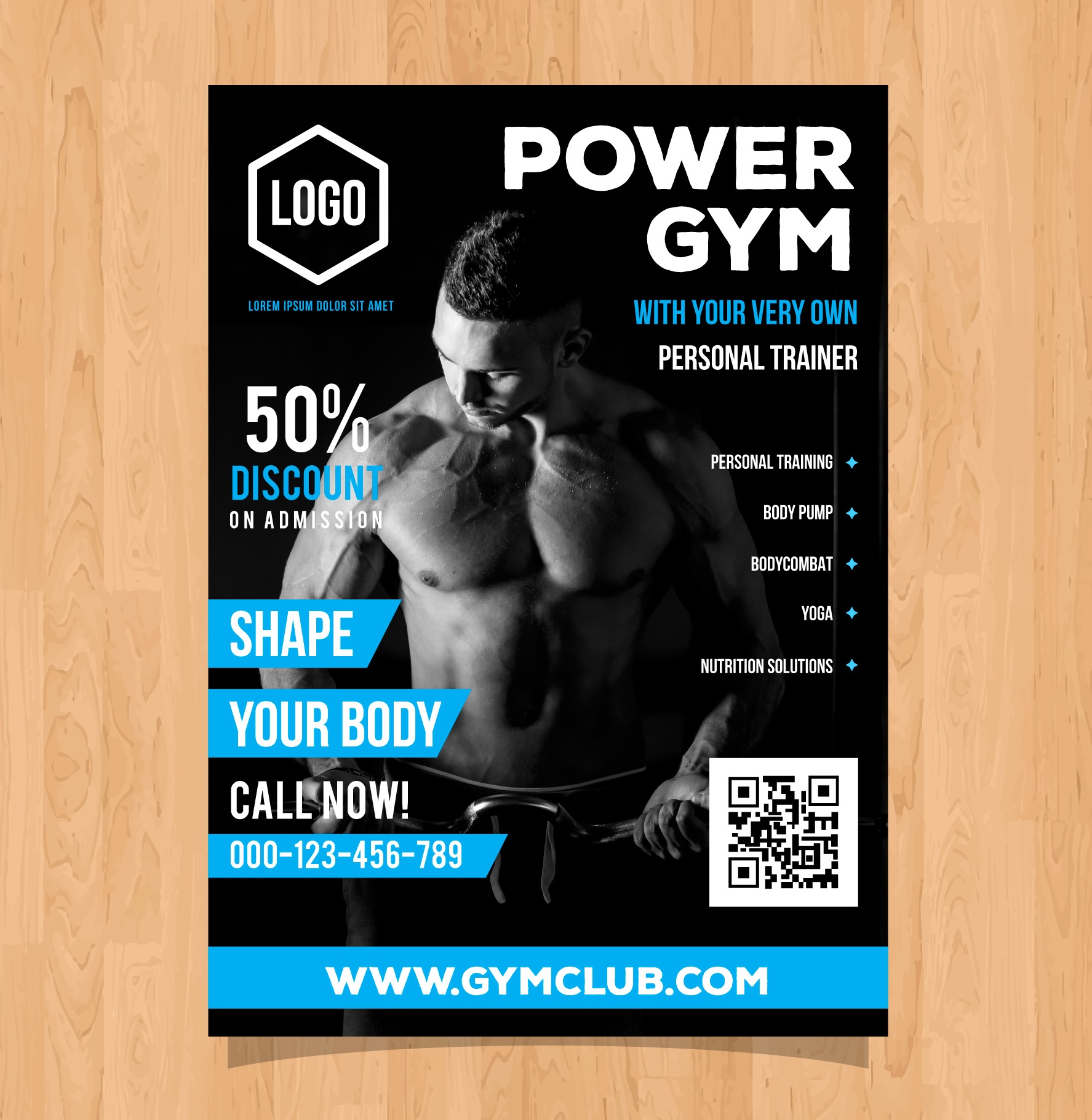 Power gym promotional flyer with QR code offering 50% discount on personal training and membership deals