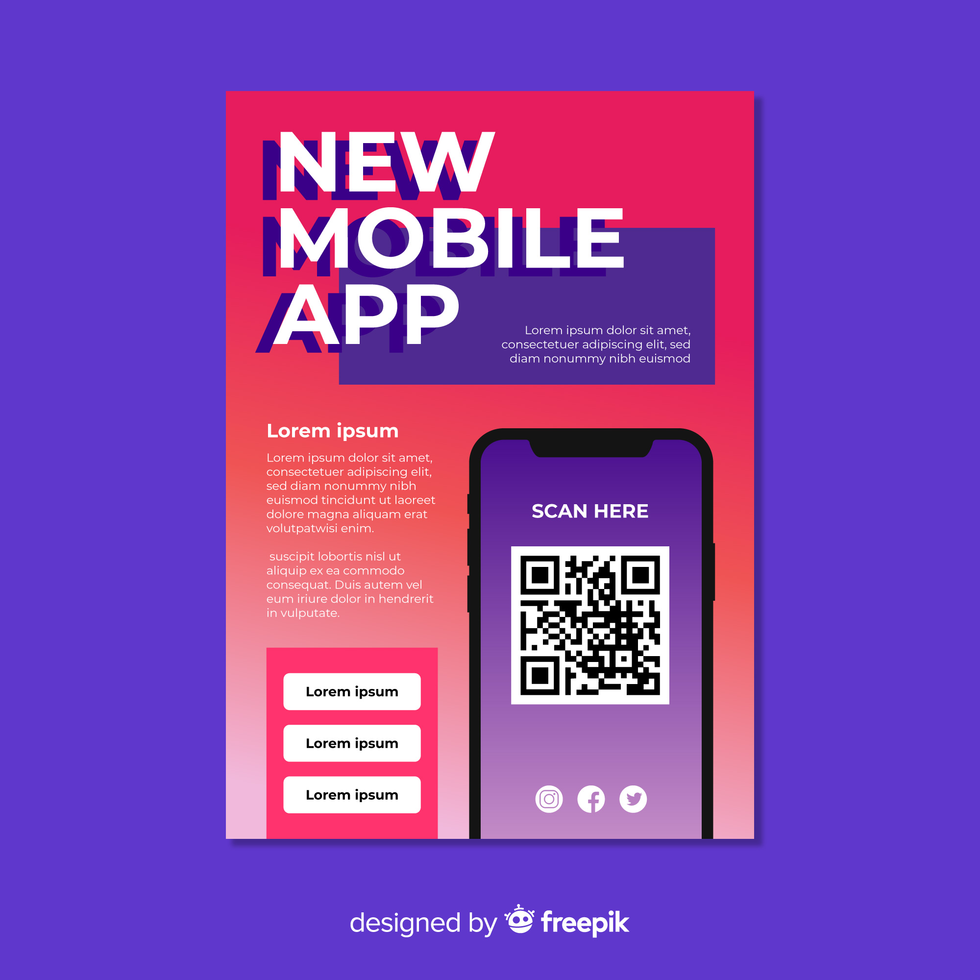 Mobile app promotion flyer featuring QR code for instant app download and social media user acquisition campaign